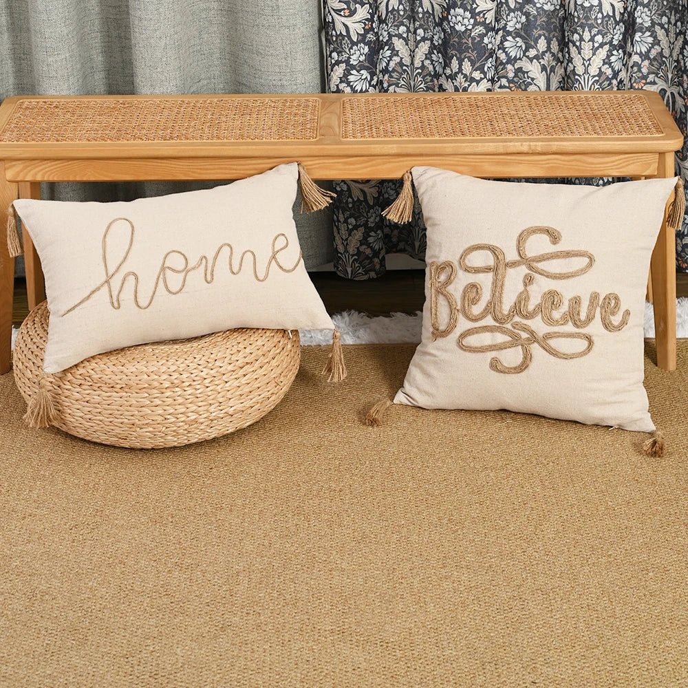 Beige Hemp Rope Embroidered Pillowcase