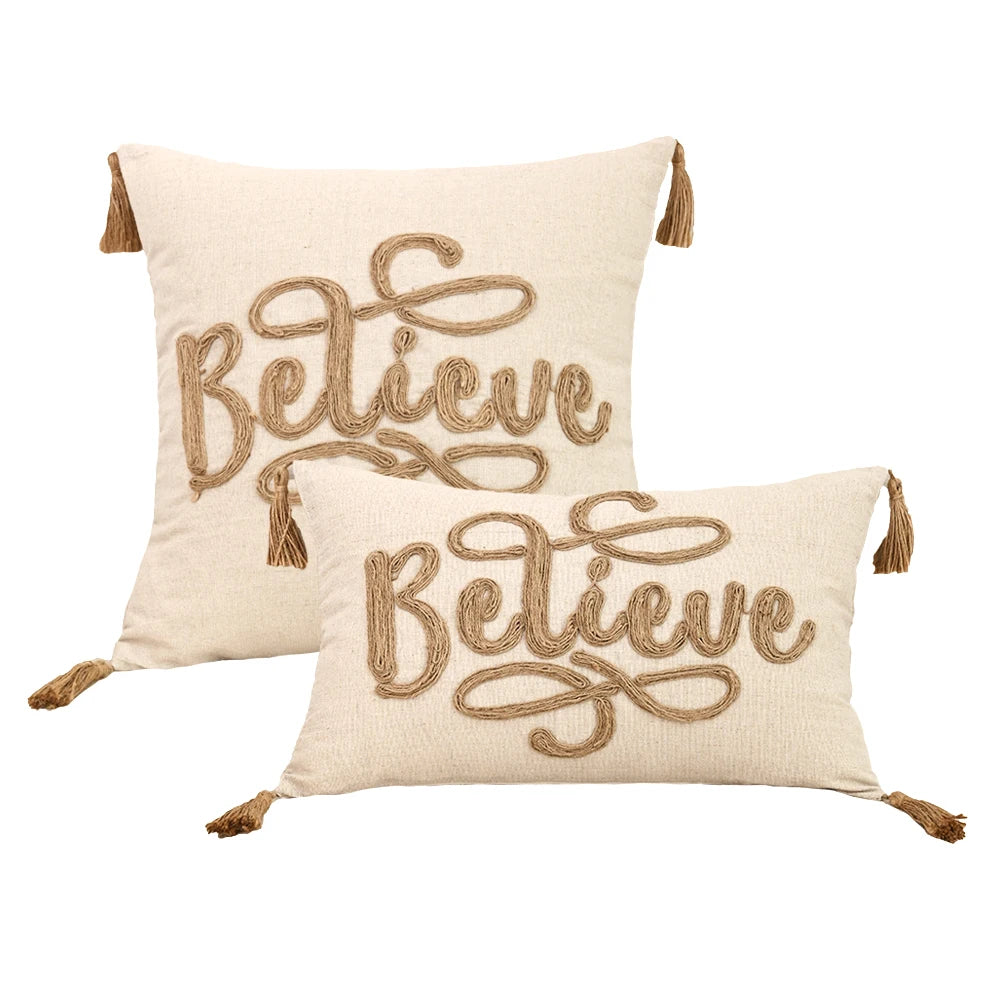 Beige Hemp Rope Embroidered Pillowcase