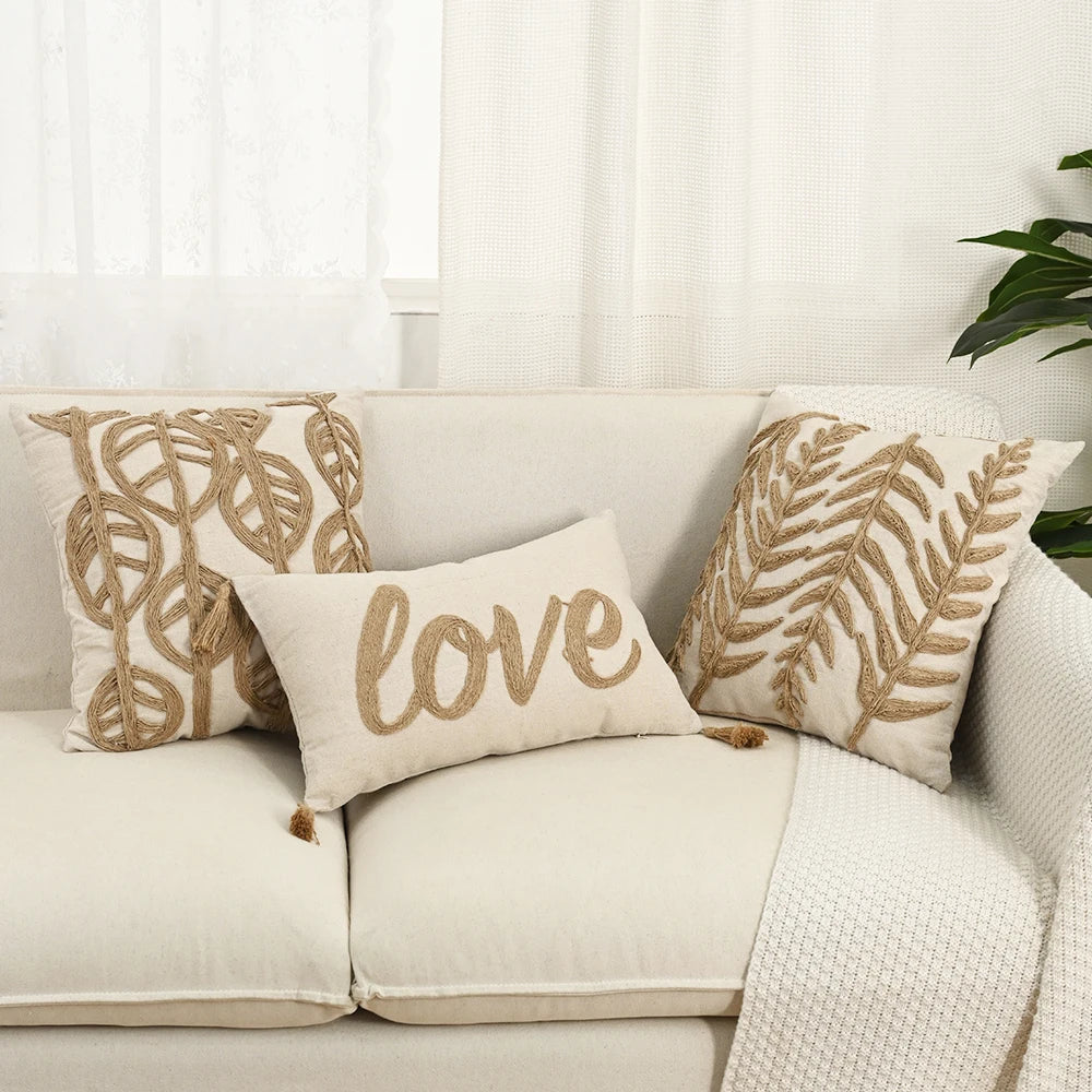 Beige Hemp Rope Embroidered Pillowcase