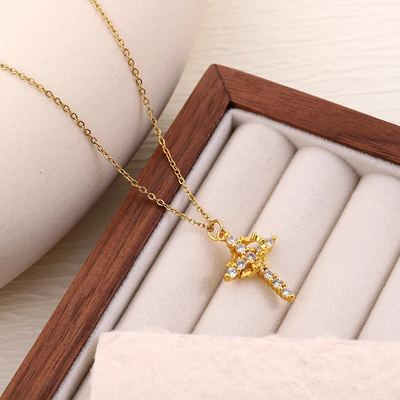 Rotatable Crown Cross Necklace
