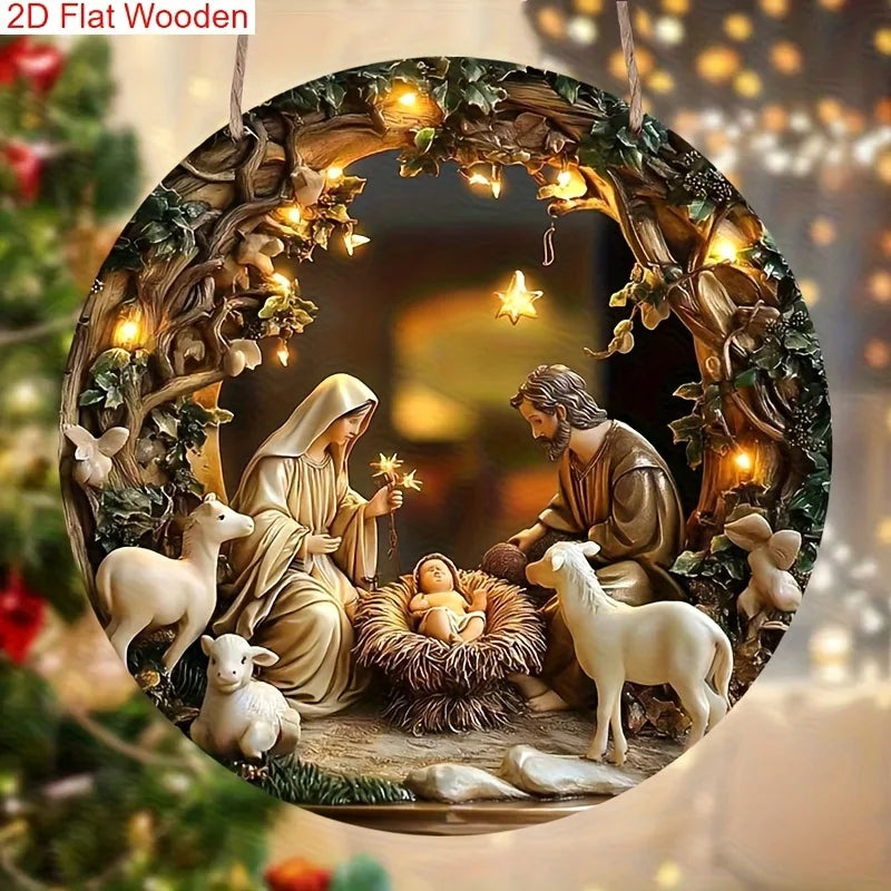 2D Flat Christmas Manger Scene Wooden Sign