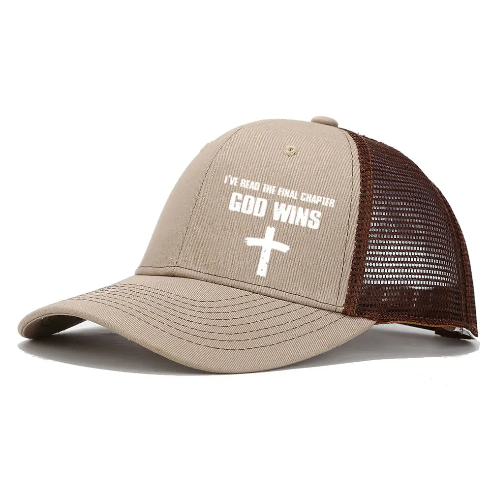 GOD WINS Cross Printed Cotton Baseball Caps Unisex Mesh Breathable Hats Fashion Curved Brim Trucker Hat Casual Street Sun Cap
