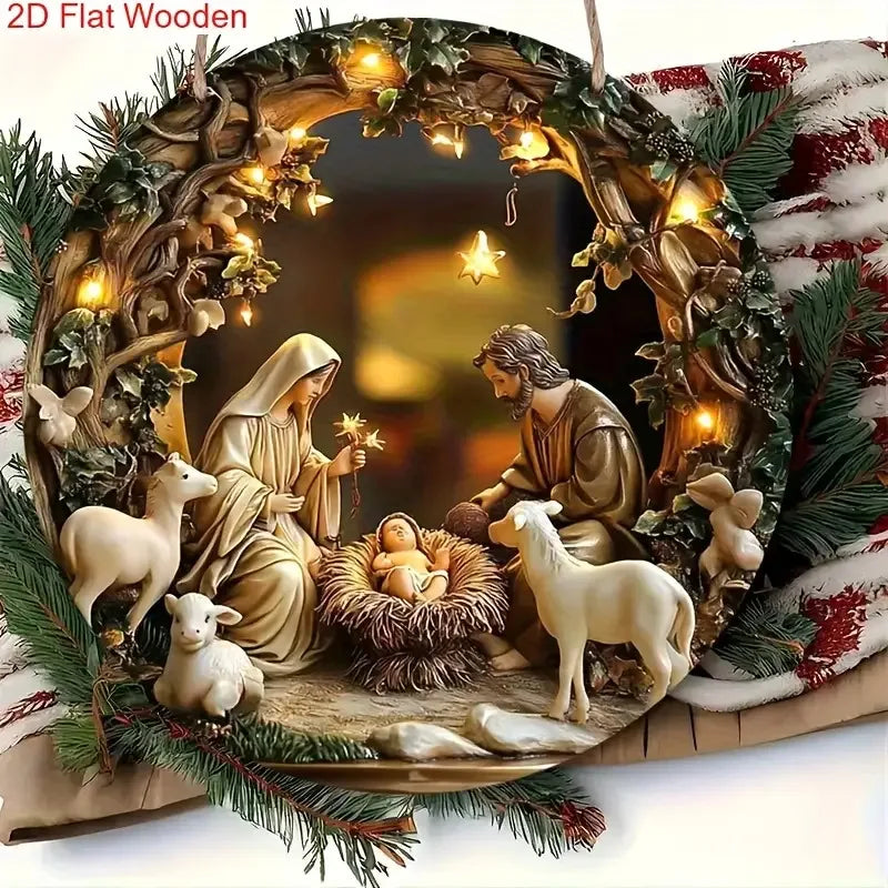 2D Flat Christmas Manger Scene Wooden Sign