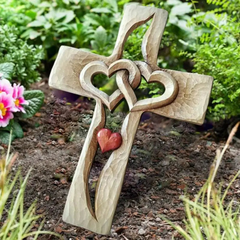 Wood Carved Cross Intertwined Hearts