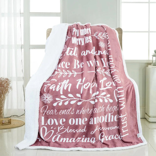 Faith Hope Love Throw Blanket Cozy Sherpa Fleece for Comfort and Warmth Inspirational Christian Gift for Mom Grandma Pink