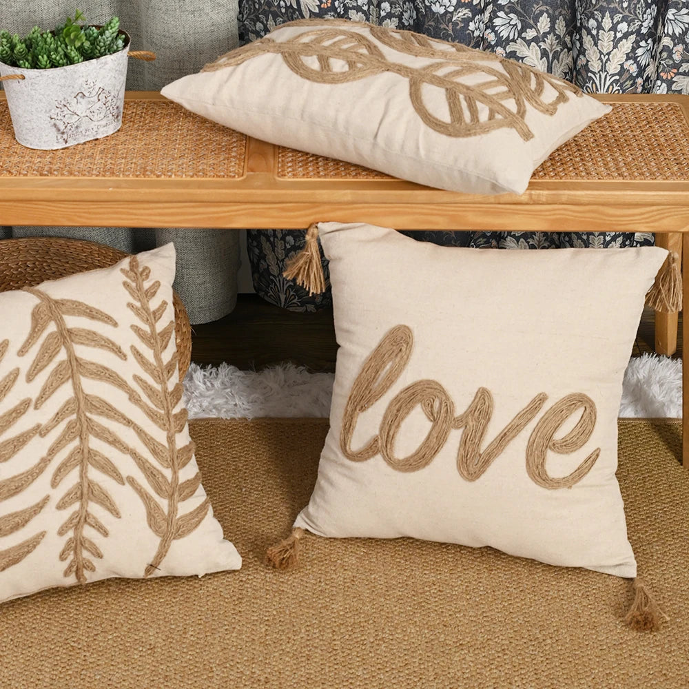 Beige Hemp Rope Embroidered Pillowcase