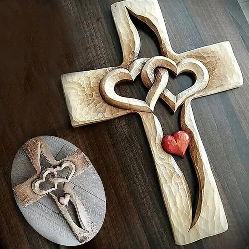 Wood Carved Cross Intertwined Hearts
