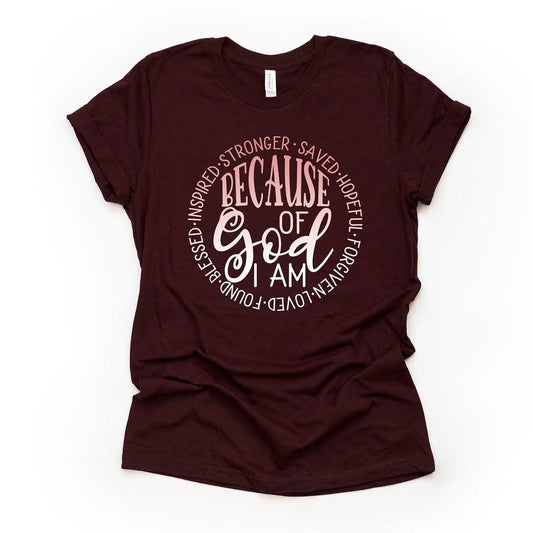 Christian T Shirt Because Of God I Am Saved Me Forgiven And Blessed Stronger Design On Premium Unisex 2 Color Choices Plus Size