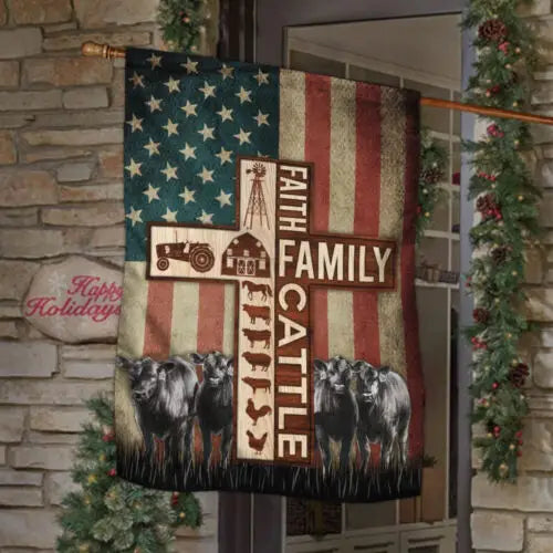 Faith Family Cattle American Flag Garden Flag