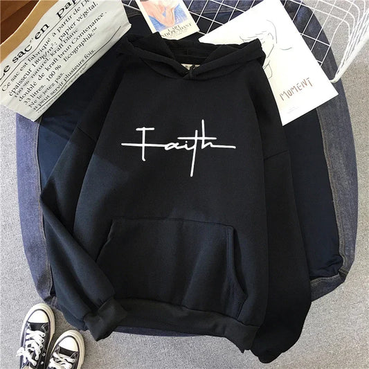 Faith Print Hoodie for Woman High Quality Hooded Long Sleeve Pullover Fall Winter Ladies Home Outdoor Casual Sporty Sweatshirts