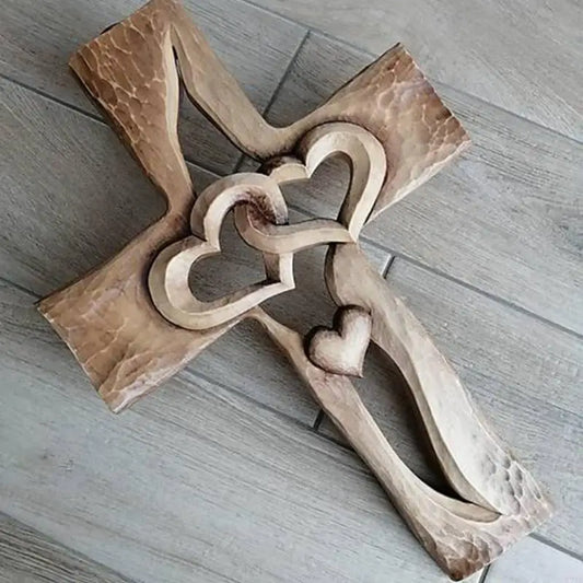 Wood Carved Cross Figurine Intertwined Hearts Wall Table Cross Home Decorations Standing Crucifix Church Religious Gift