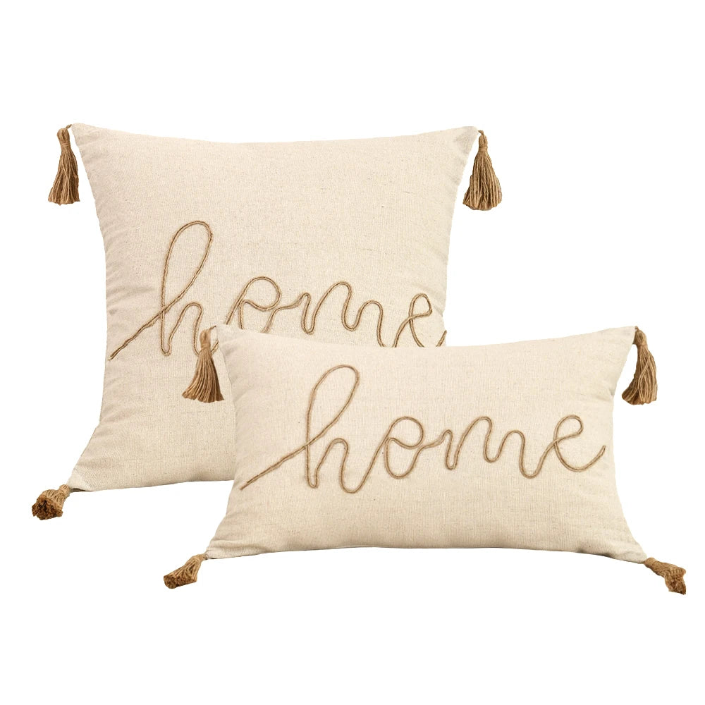 Beige Hemp Rope Embroidered Pillowcase
