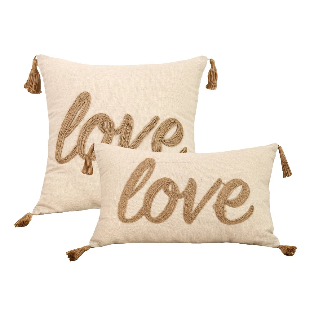 Beige Hemp Rope Embroidered Pillowcase