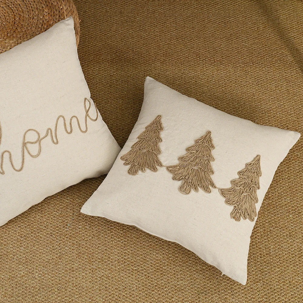 Beige Hemp Rope Embroidered Pillowcase