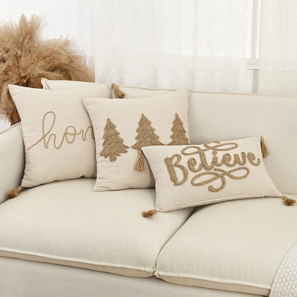 Beige Hemp Rope Embroidered Pillowcase