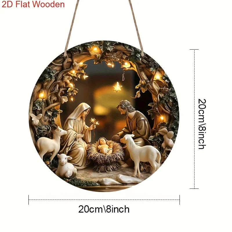 2D Flat Christmas Manger Scene Wooden Sign