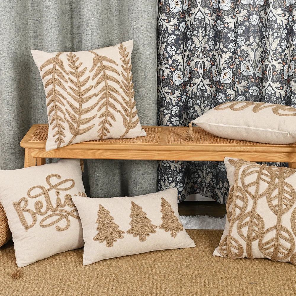 Beige Hemp Rope Embroidered Pillowcase