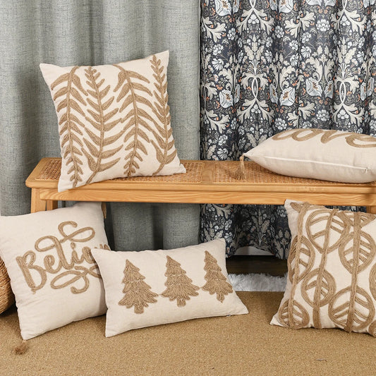 BUYNOW Beige Hemp Rope Embroidered Tassles Pillowcase Decorative Boho Leaves Cushion Cover for Sofa Bed Livingroom Home Decor