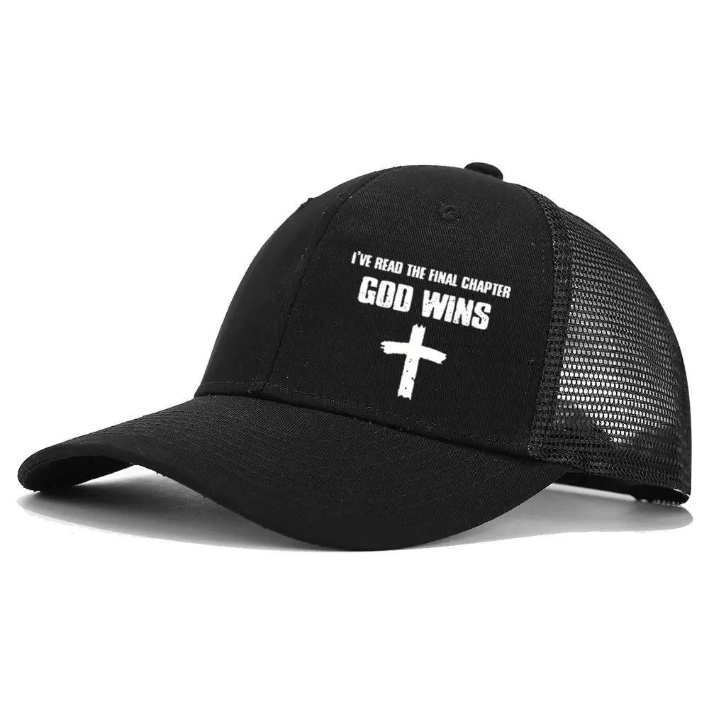 GOD WINS Cross Printed Cotton Baseball Caps Unisex Mesh Breathable Hats Fashion Curved Brim Trucker Hat Casual Street Sun Cap