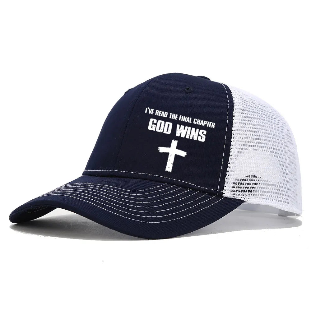 GOD WINS Cross Printed Cotton Baseball Caps Unisex Mesh Breathable Hats Fashion Curved Brim Trucker Hat Casual Street Sun Cap
