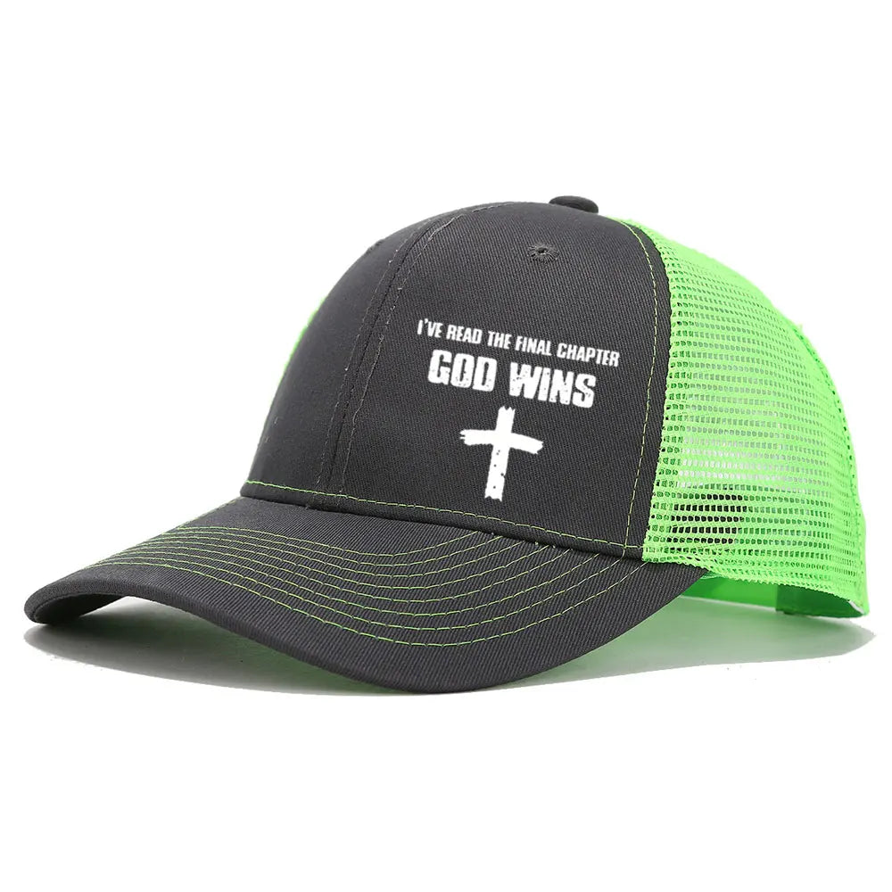 GOD WINS Cross Printed Cotton Baseball Caps Unisex Mesh Breathable Hats Fashion Curved Brim Trucker Hat Casual Street Sun Cap