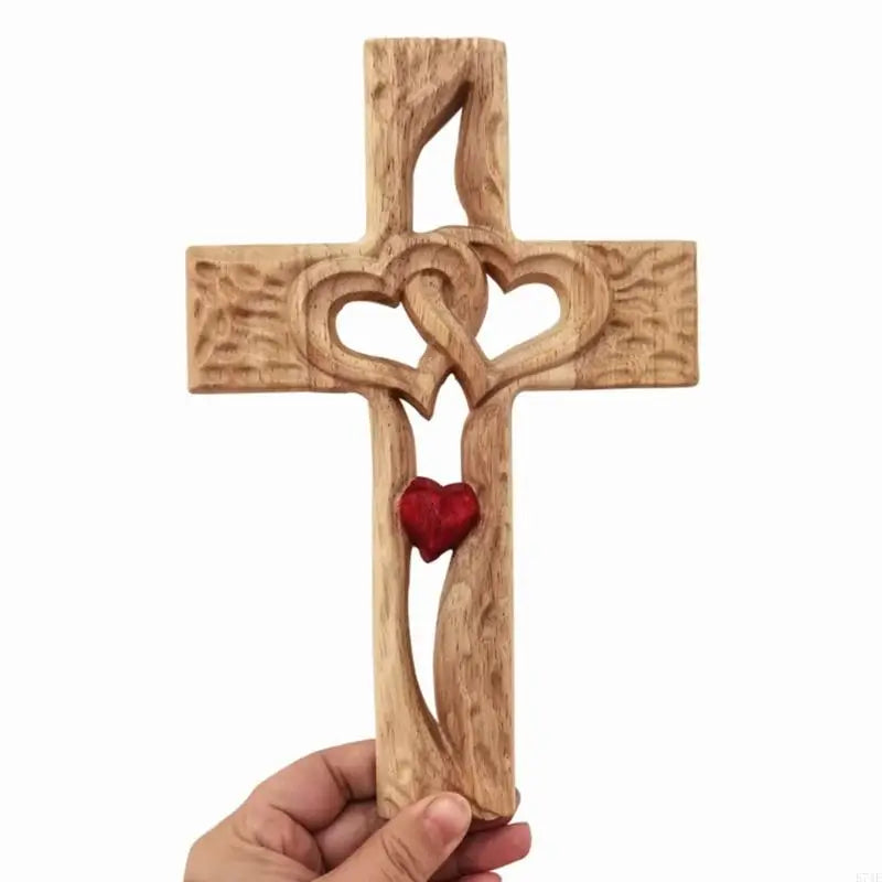 Wood Carved Cross Intertwined Hearts