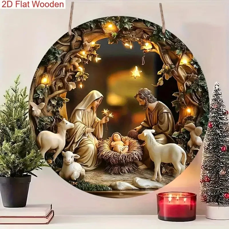 2D Flat Christmas Manger Scene Wooden Sign
