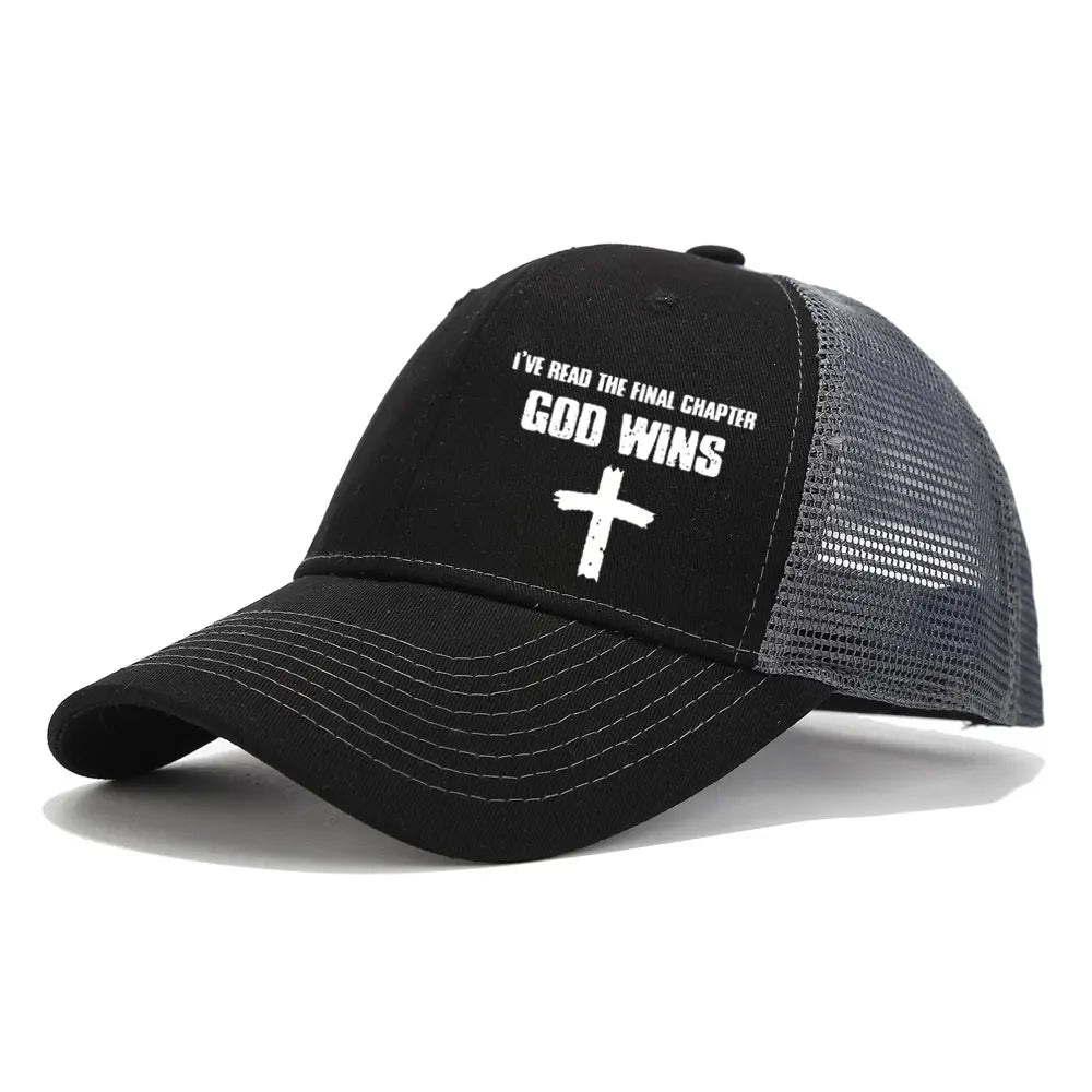 GOD WINS Cross Printed Cotton Baseball Caps Unisex Mesh Breathable Hats Fashion Curved Brim Trucker Hat Casual Street Sun Cap