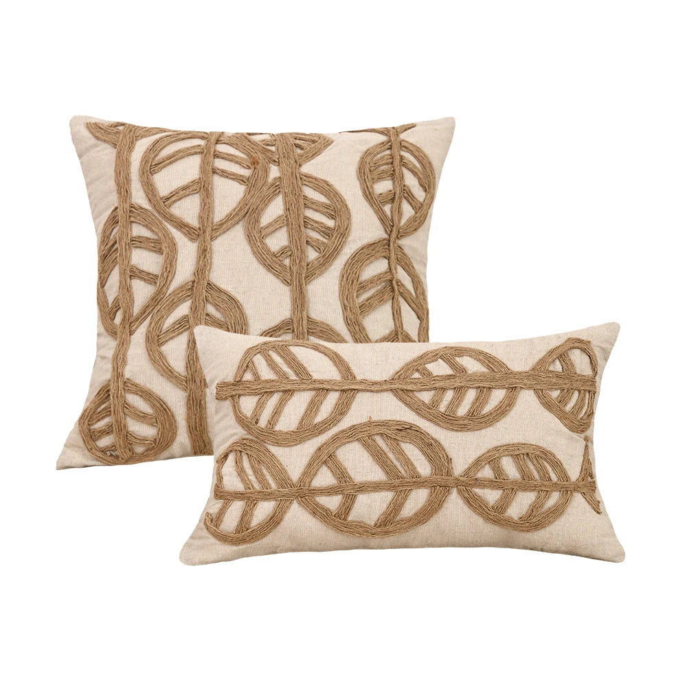 Beige Hemp Rope Embroidered Pillowcase