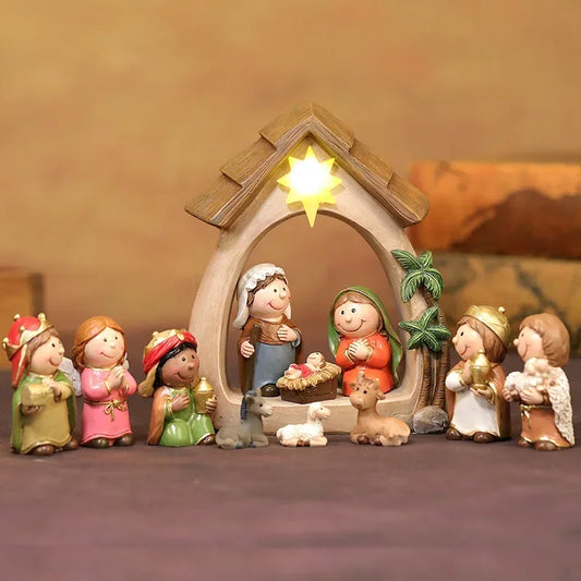 Christmas Decorations Resin Cartoon Nativity Scene Statue Religious Home Decor Birth of Jesus Crafts Ornaments Christmas Gifts