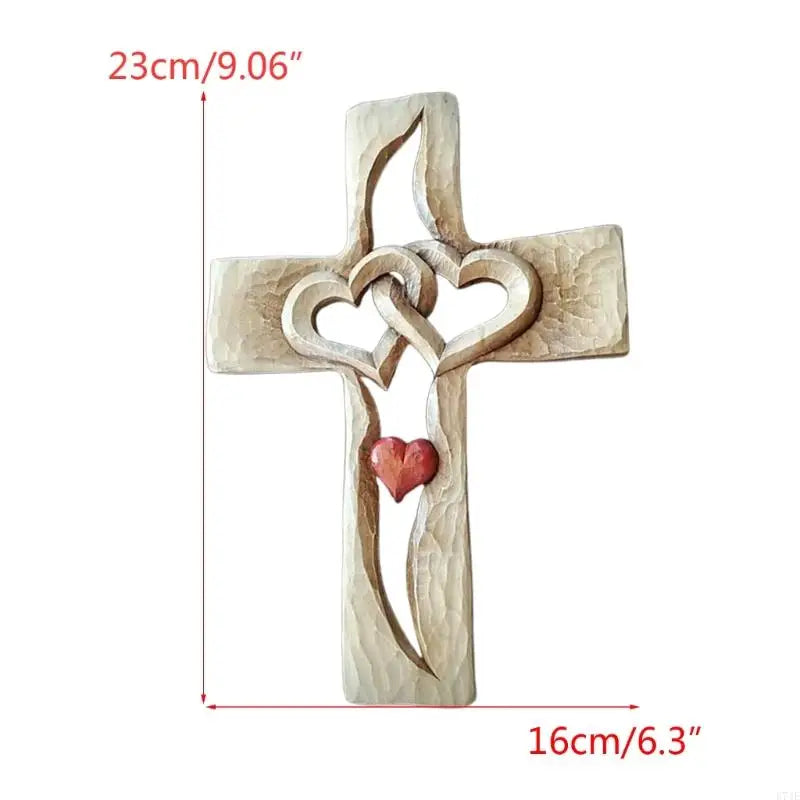 Wood Carved Cross Intertwined Hearts